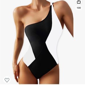 Black and white color block one shoulder slimming one-piece swimsuit